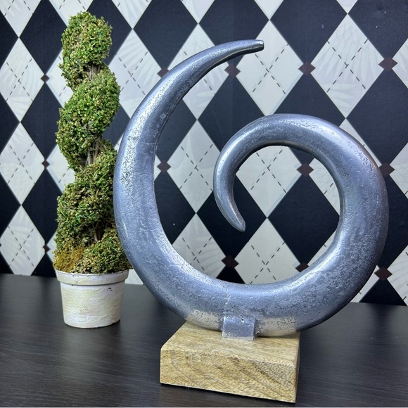 Large Abstract Metal Spiral Sculpture on Wood Base Modern Decor Accent - Picture 3 of 7